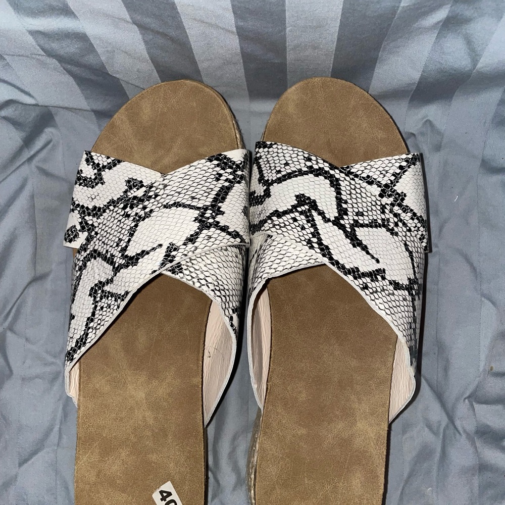 Black and White Slide Sandals with Snake Print